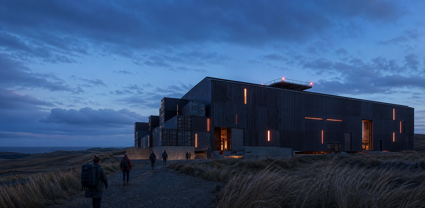 Concept art of a large, dark barn-like learning campus in a remote landscape at dusk